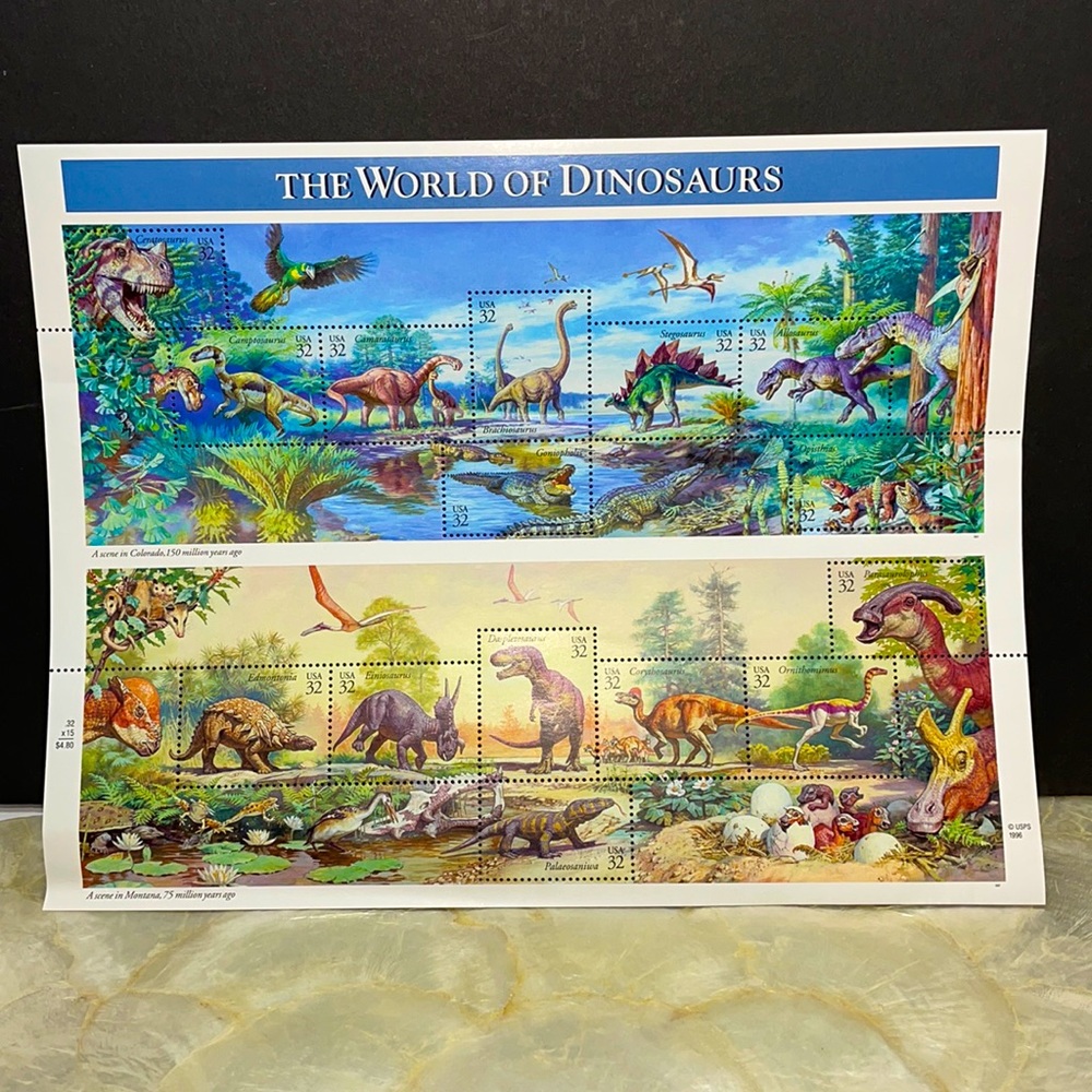 Vintage 1996 "The World Of Dinosaurs" Complete Postal Stamp Set! 32 cent stamps!